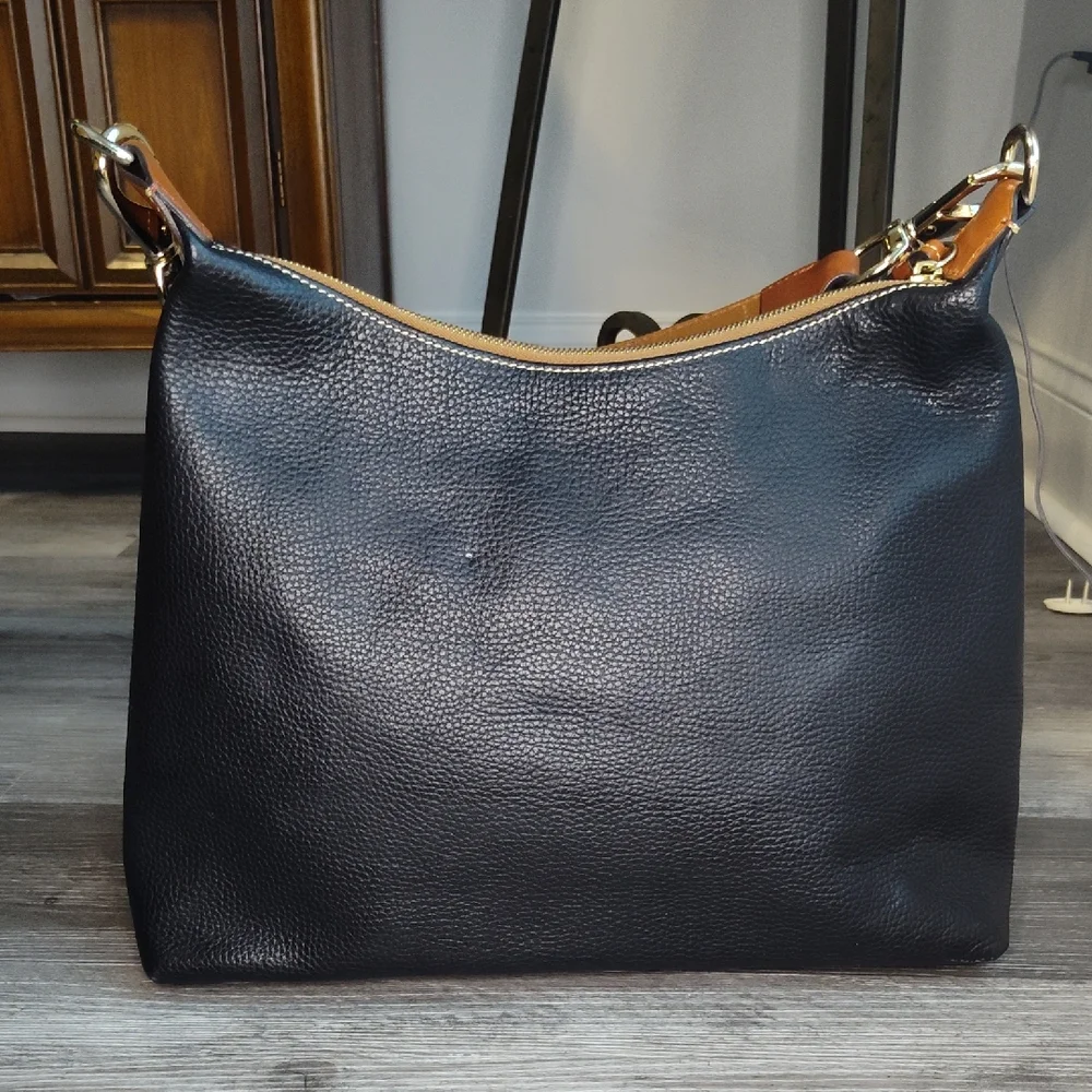 Dooney & Bourke Black and Brown Leather Hobo Bag with Tassels